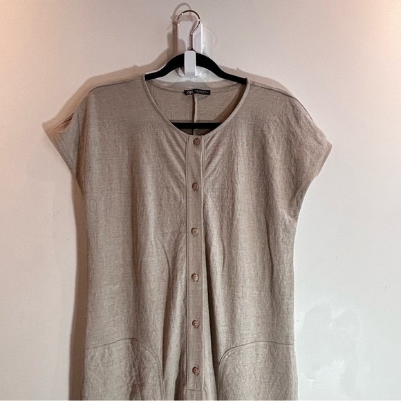 ZARA Sz M Rustic Jumpsuit Patch Like Pockets Buttons Unlined Cap Sleeve - Picture 5 of 8